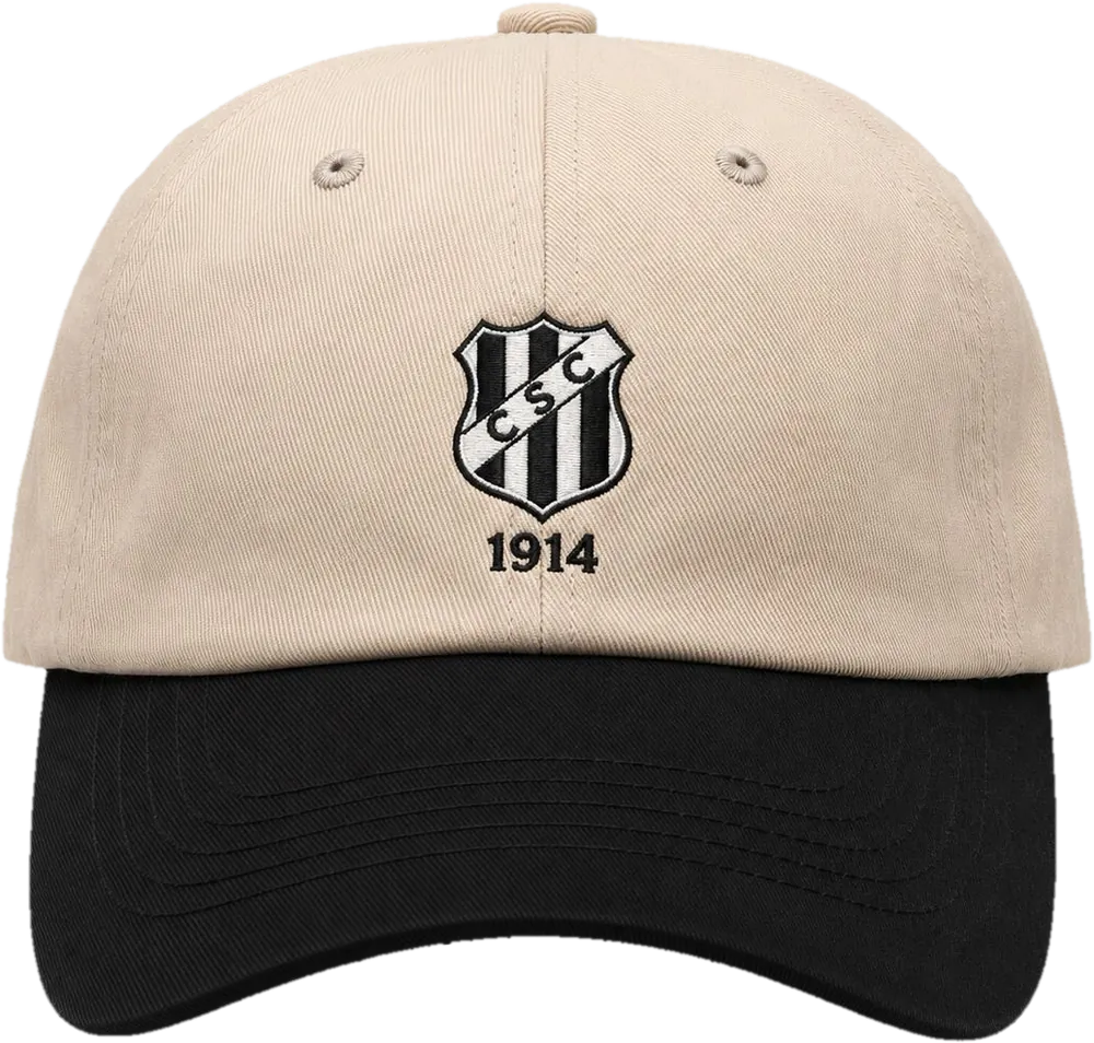 Boné Raiz Alvinegra de frente: copa areia, aba preta, escudo retrô do Ceará Sporting Club bordado